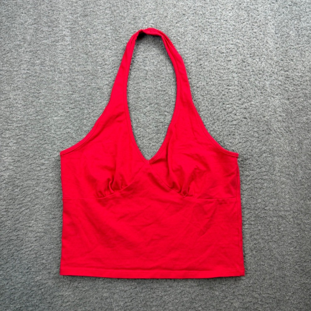 Ambiance Halter Top Women's Large Red V-Neck Stretch Crop Tank